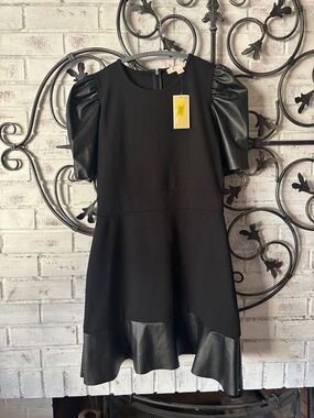 Michael Kors Black Mini Dress with Faux Leather Puff Sleeves